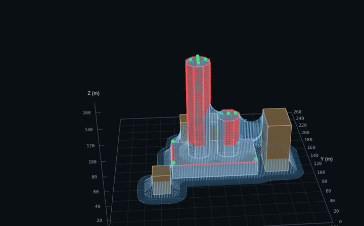 The protected volume around the asymmetric towers, with air terminals on the roofs